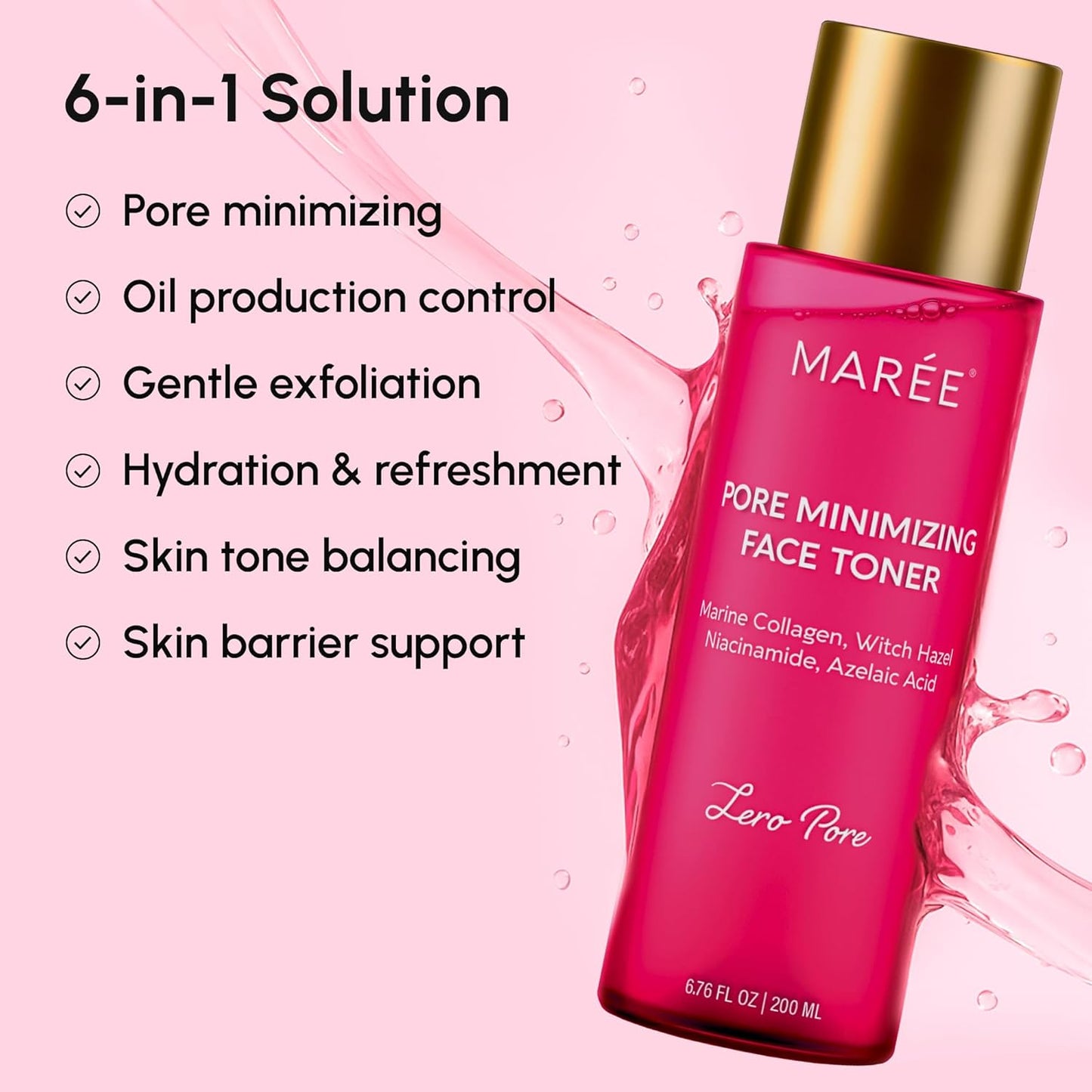 MAREE Pore Minimizer for Face Toner – Witch Hazel Toner with Niacinamide & Marine Collagen – Gentle Exfoliating Oil Control Facial Toner for Women – BHA Liquid Exfoliant – Alcohol Free Tonico Facial