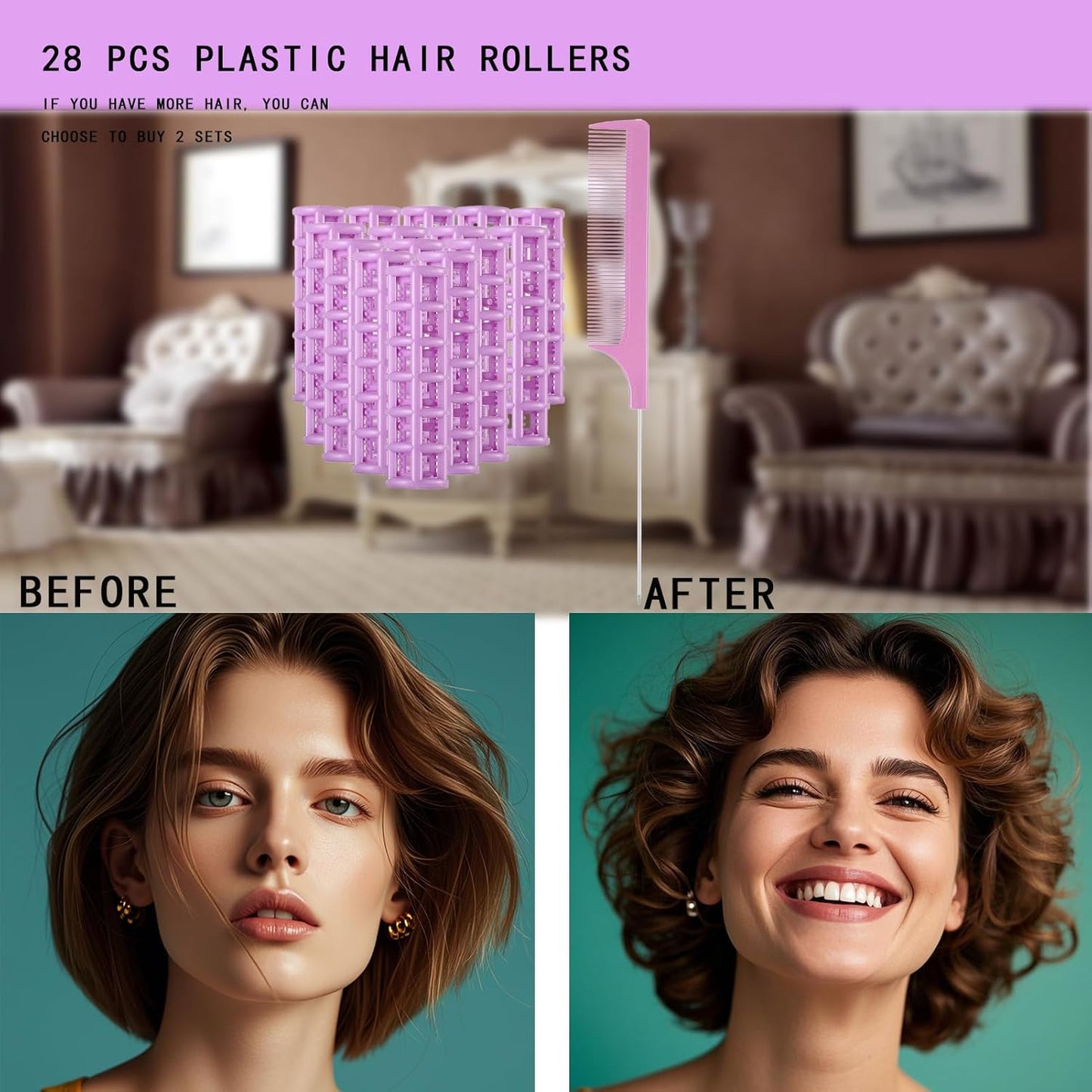 28PCS Self Grip Small Hair Rollers Set, 0.6in Plastic No Heat Roller Hair Curlers with Comb Heatless Clips for Short Fine Thin Hair(Purple)