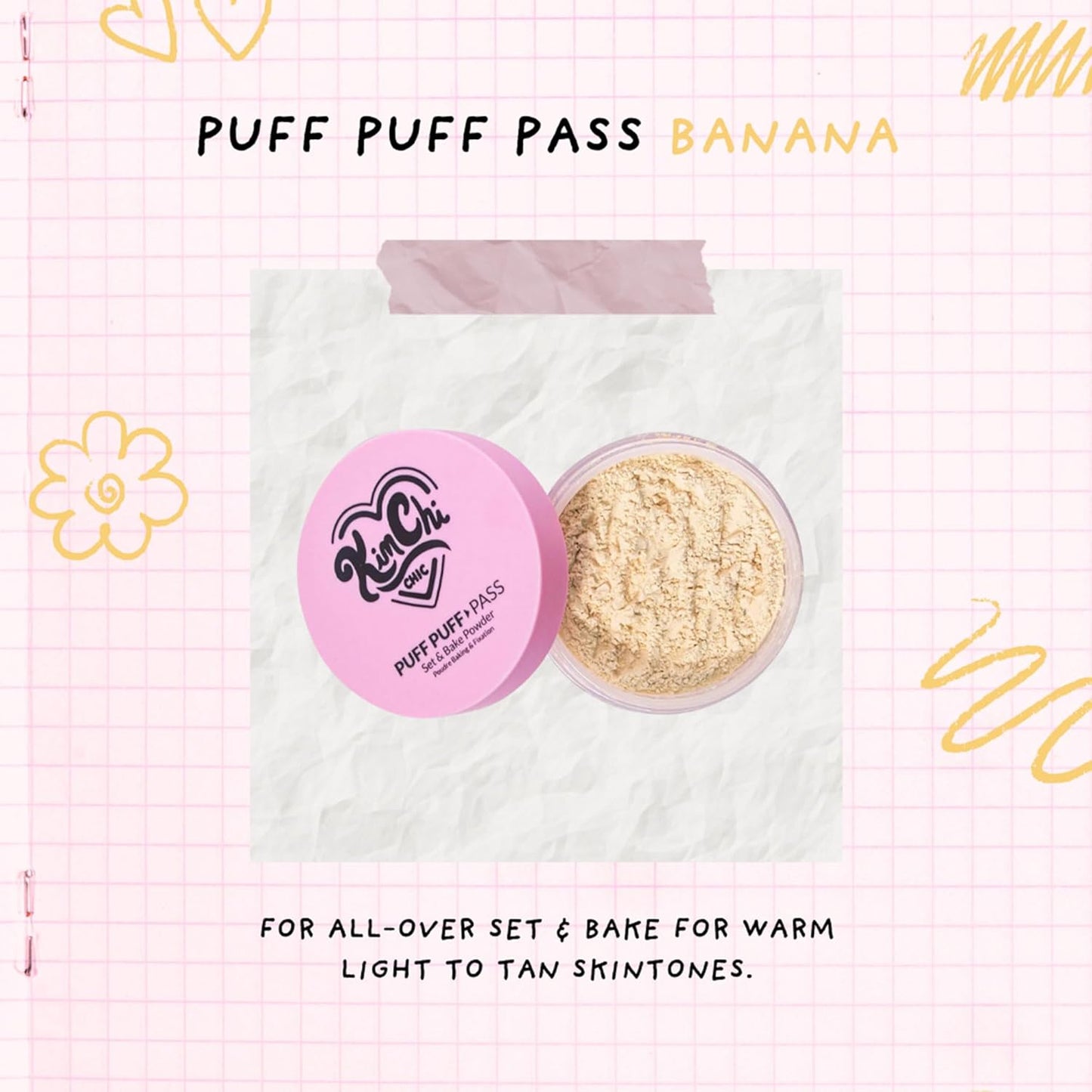 Kimchi Chic Beauty Puff Puff Pass Set and Bake Setting Powder for Makeup, Extra Fluffy Loose Face Powder Poof, Soft Natural Face Makeup for Uneven Skin Tone, 02 Banana