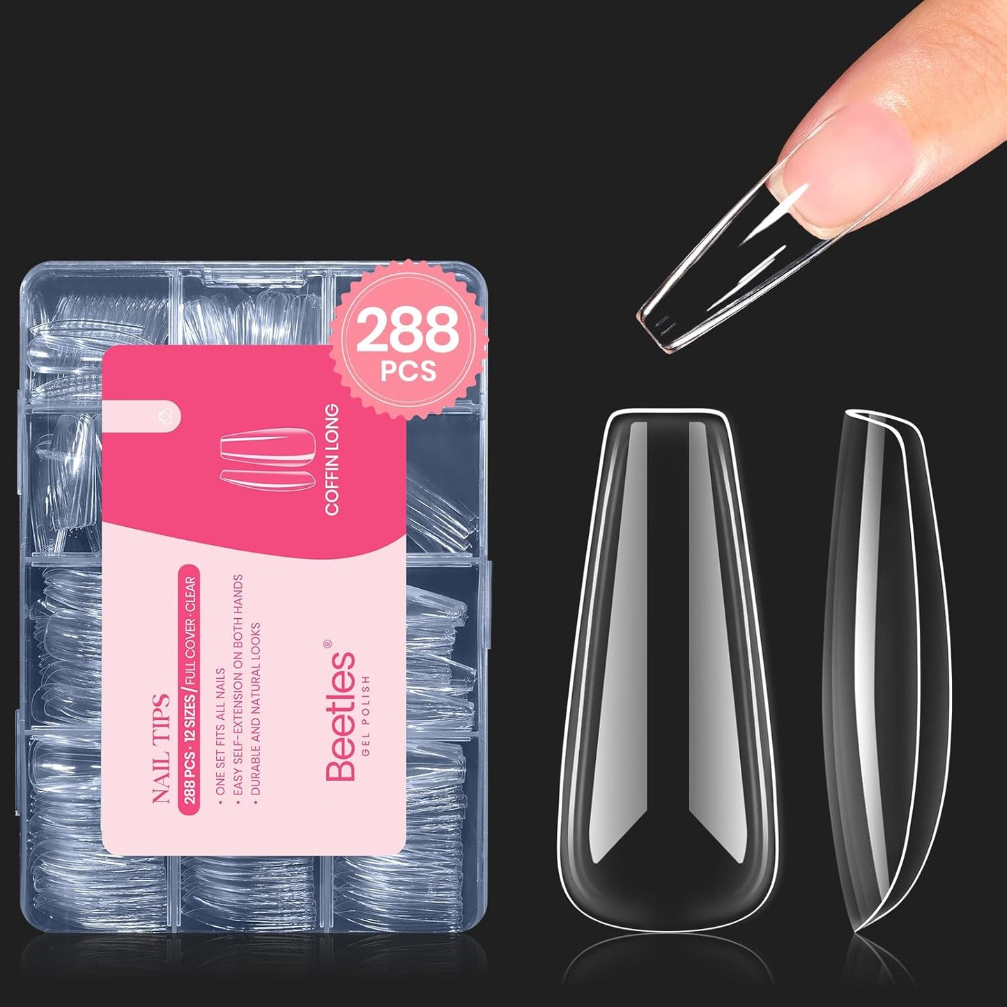 Beetles Gel Nail Tips Long Coffin Pre-Etched Nail Tips, 12 Sizes 288Pcs Pre Shaped Soft Gel Clear Nail Full Cover False Nail Tips Acrylic Glue on Nails Extension Fake Nails Manicure Gifts for Women