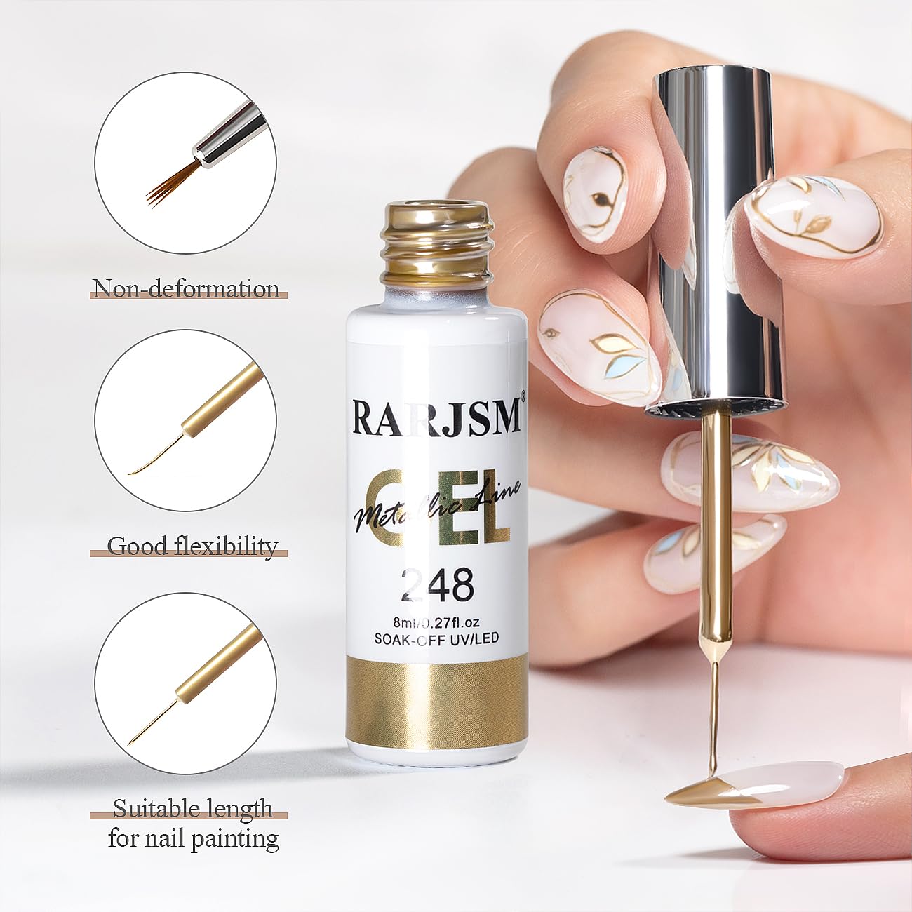 RARJSM Metallic Gel Liner Nail Art Silver Bronze Gold 2pcs Set Mirror Chrome 3D Effect Gel Nail Polish 8ml Build in Thin Brush Metal Painted Drawing Stripper Gelpolish Curing Requires for Home Salon