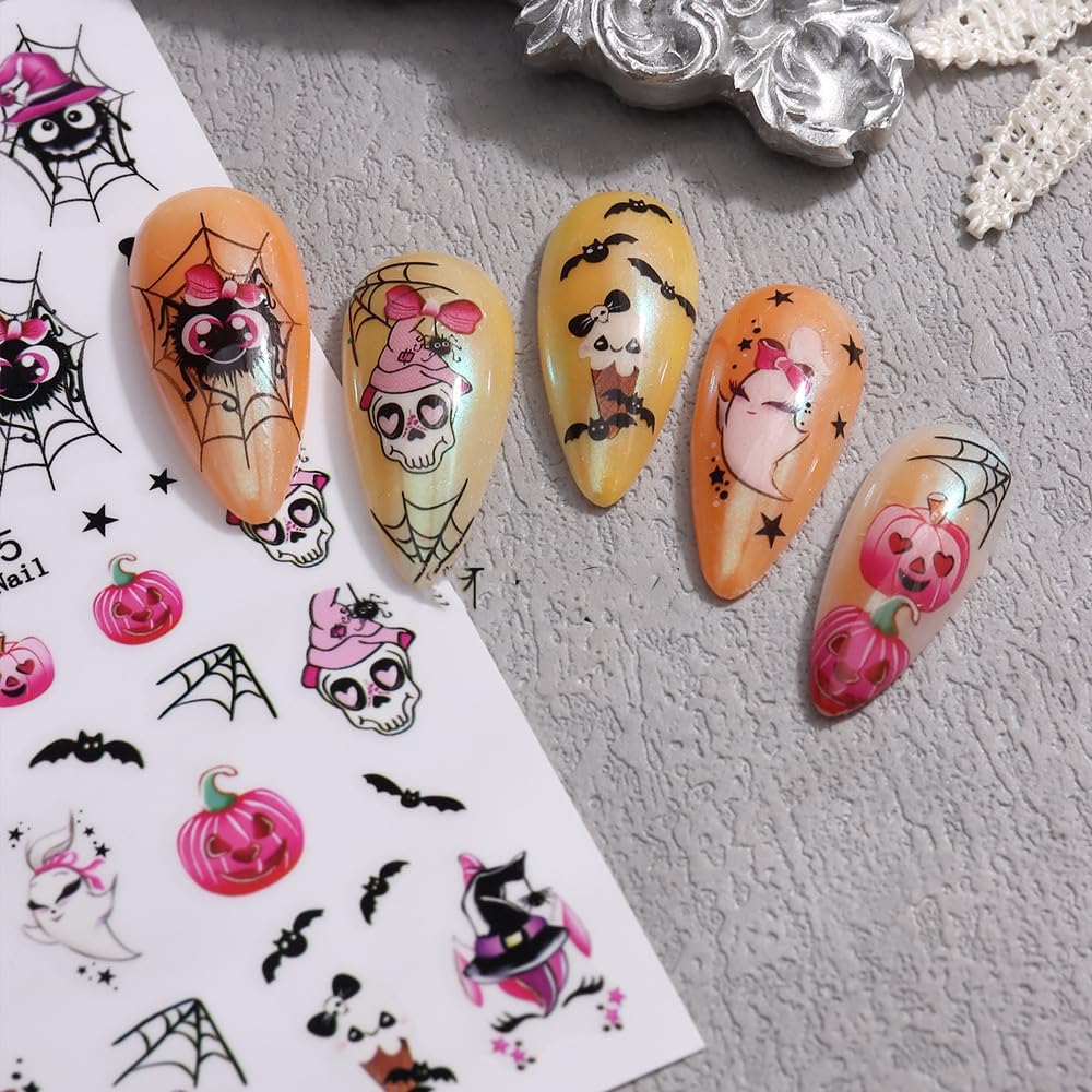Halloween Nails Stickers Horrible Pumpkins Nails Sticker 3D Embossed Horrible Ghost Self Adhesive Sticker Nail Decals Web Bat Nail Art Decal Halloween Decals for Nail DIY Manicure 4Sheet