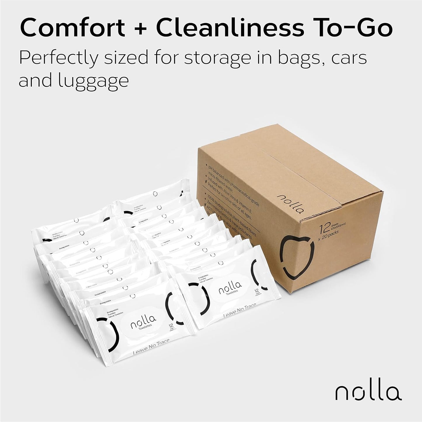 Nolla Flushable Wipes Travel Packs, 100% Plant-Based, Plastic-Free and Biodegradable - Unscented + Soothing Aloe and Vitamin E 240 Count (20 Packs of 12)