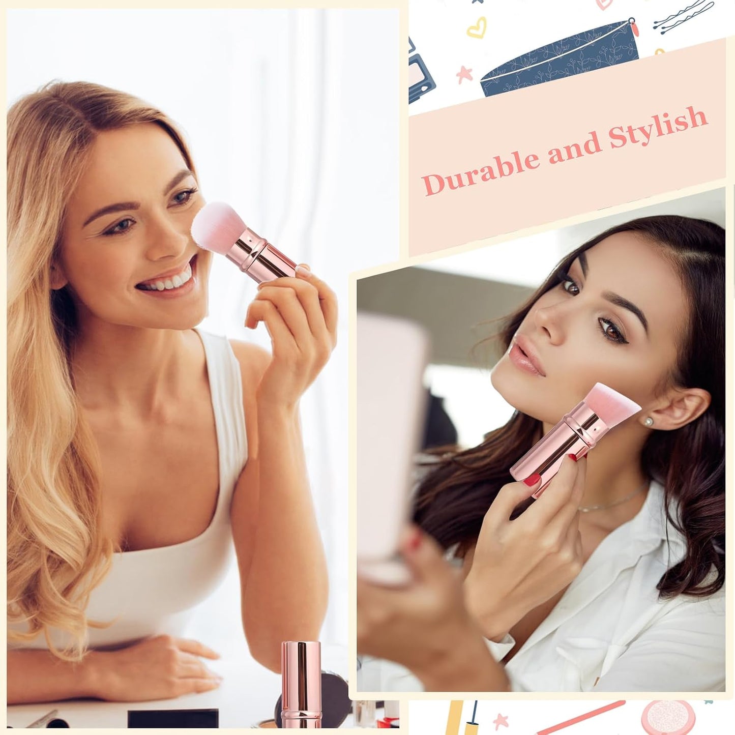 Retractable Makeup Brush 2 Pack, Travel Kabuki Powder Makeup Brush, Foundation Face Blush Brushes for Blending Liquid, Blush, Bronzer, Buffing, Sunscreen,Flawless Cosmetics