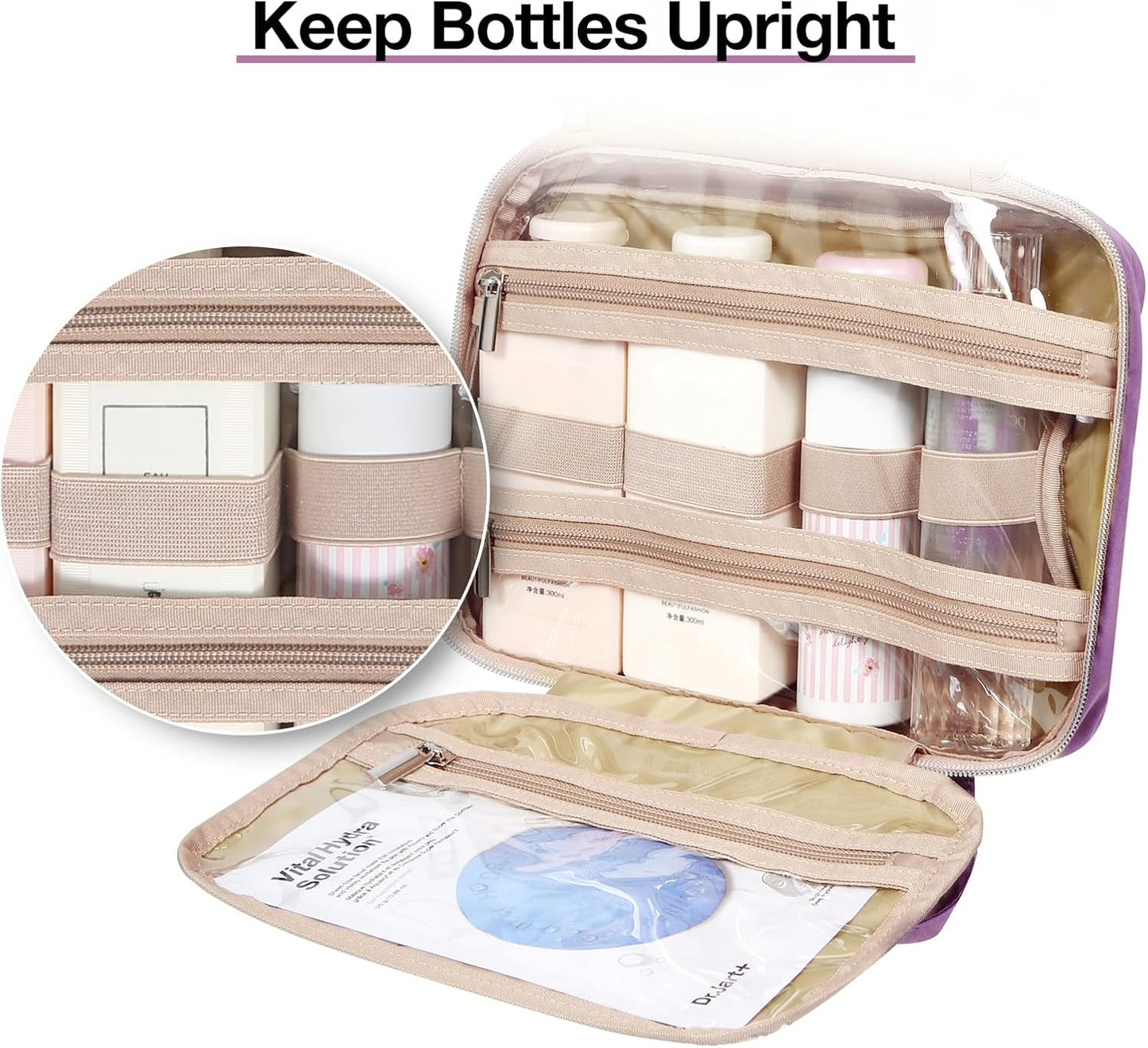 BAGSMART Toiletry Bag Hanging Travel Makeup Organizer with TSA Approved Transparent Cosmetic Bag Makeup Bag for Full Sized Toiletries, Large-Purple