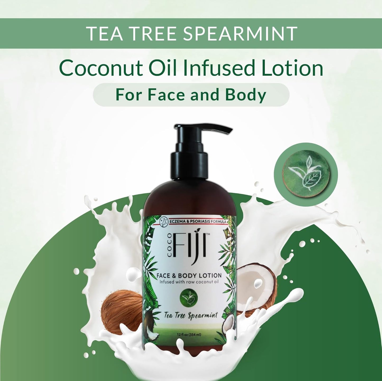 Coco Fiji Face & Body Lotion Infused With Coconut Oil | Lotion for Dry Skin | Moisturizer Face Cream & Massage Lotion for Women & Men | Tea Tree Spearmint 12 oz, Pack of 1