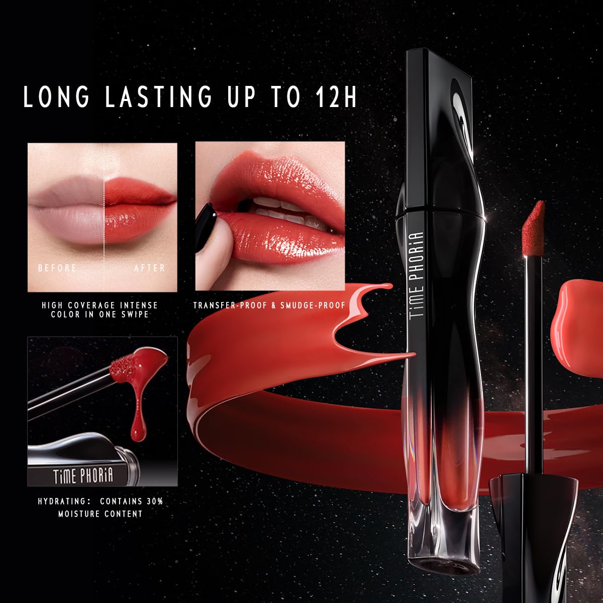 STELLAR DUST LIP STAIN-Long Lasting, Waterproof and Transferproof Lip Tint, Glossy Finish Lip Gloss, Lightweight Lipstick, High Coverage, Vivid Color (01)