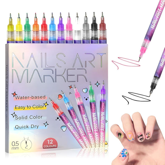 12 Colors Nail Art Pens Set, 3D Quick-Dry 0.5MM Nail Polish Pens, 2025 DIY Nail Art Marker Graffiti Dotting Pen for Nails Art Design Manicure Nail DIY Decoration
