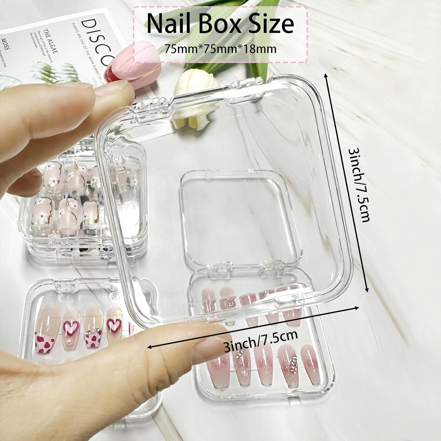 12pcs Press on Nail Storage Box with 60 Pcs Adhesive Double Sided Tape Acrylic Nail Display Box Artificial False Nail Box Organizer Fake Nail Case Transparent Nail Packaging Boxes for Nail Salon