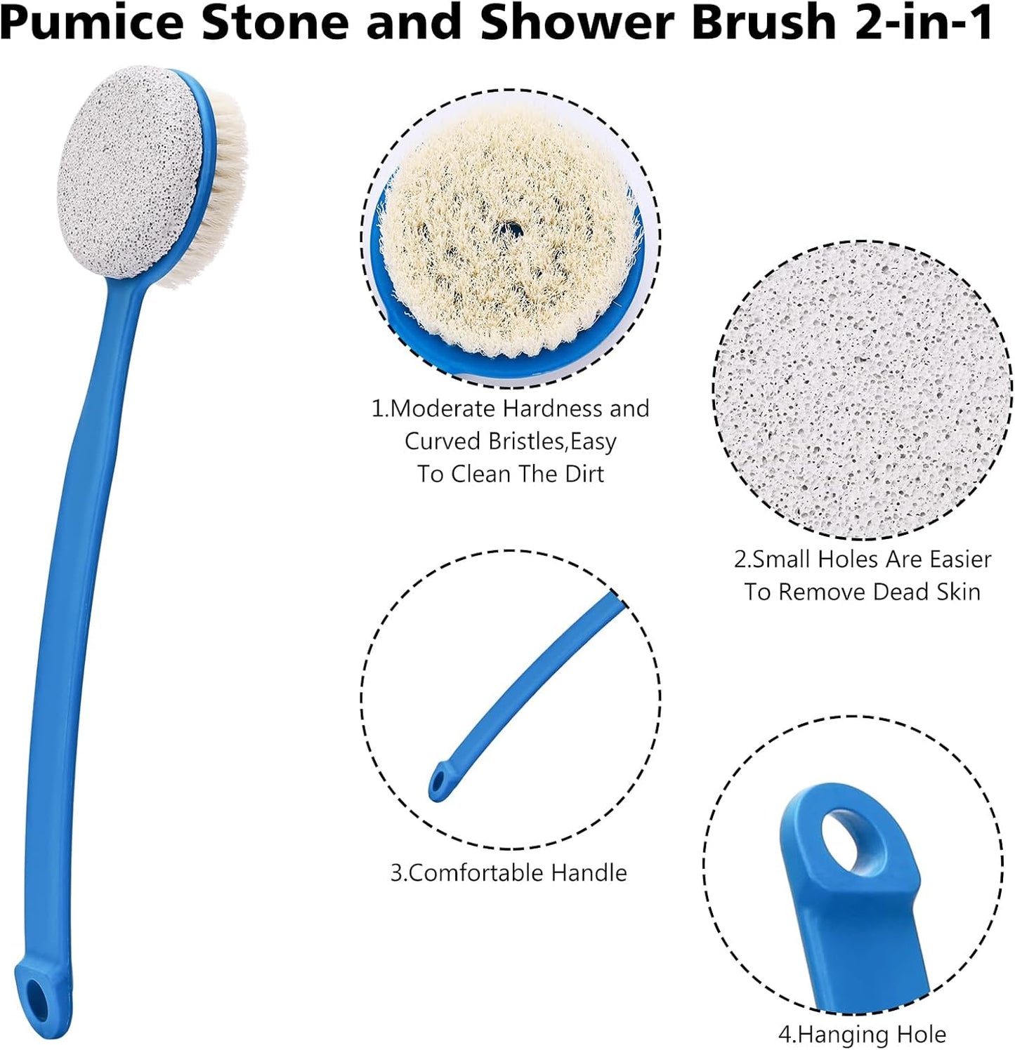 Pumice Stone for Feet with Long Handle (Double-Faced Curved Handle,Blue, Count, 1)