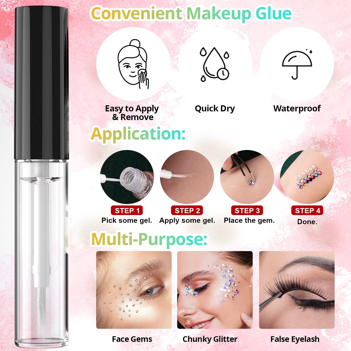 1.5-6mm Round Flatback Face Gems Kit (Clear) for Makeup with Quick Dry Glue + Brush + Tweezer, Nail Art Rhinestones Transparent White Glass Crystal Beads for Make-up Deco