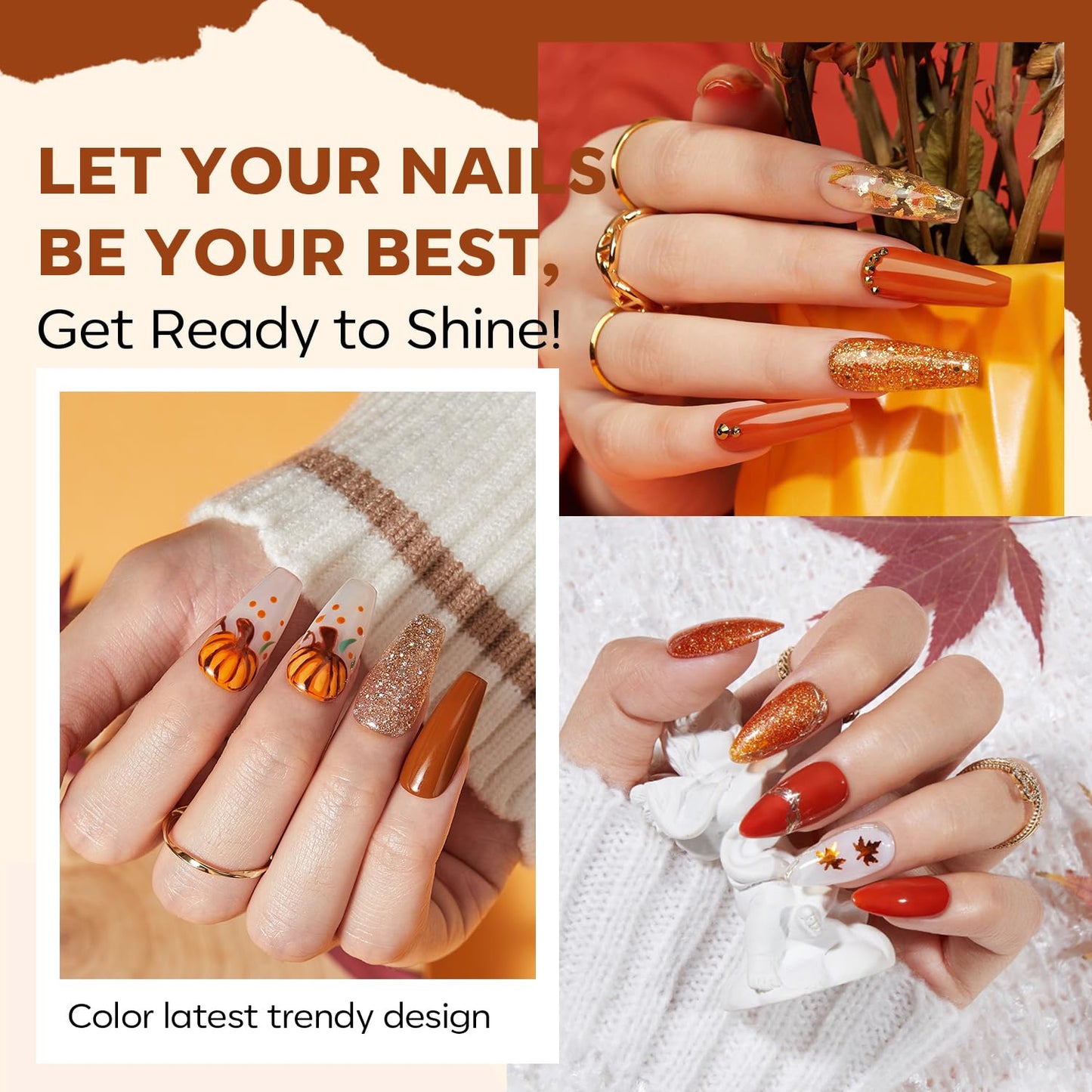 modelones Nail Polish Set, 6 Colors Fall Glitter Nail Polish Kit Orange Brown Quick Dry Fingernail Polish Manicure Nail Art Manicure DIY Home Salon Gifts for Women Mom