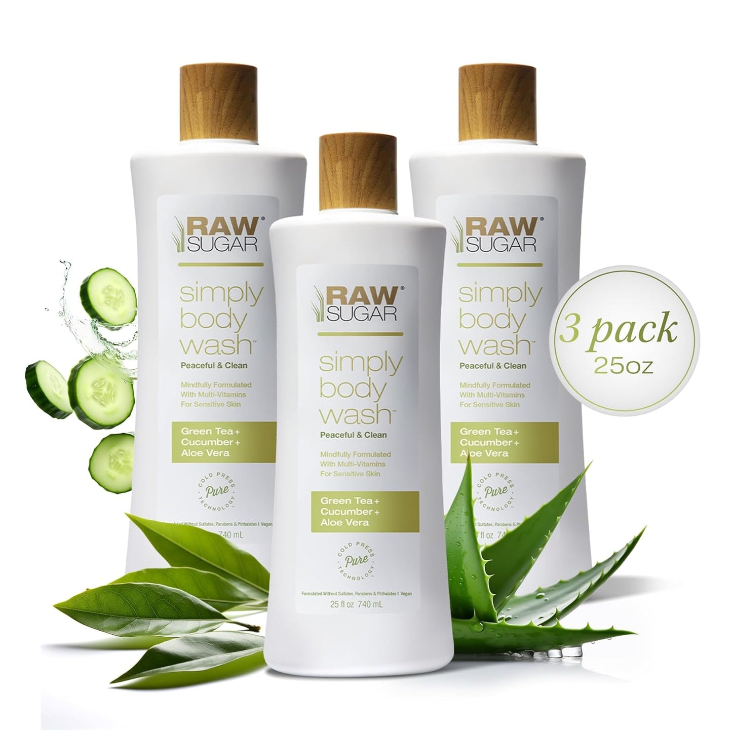RAW SUGAR Sensitive Skin Simply Body Wash - Green Tea + Cucumber + Aloe Vera, Moisturizing & Brightening Bath & Shower Gel, Sulfate-Free, Paraben-Free & Vegan (Pack of 3)