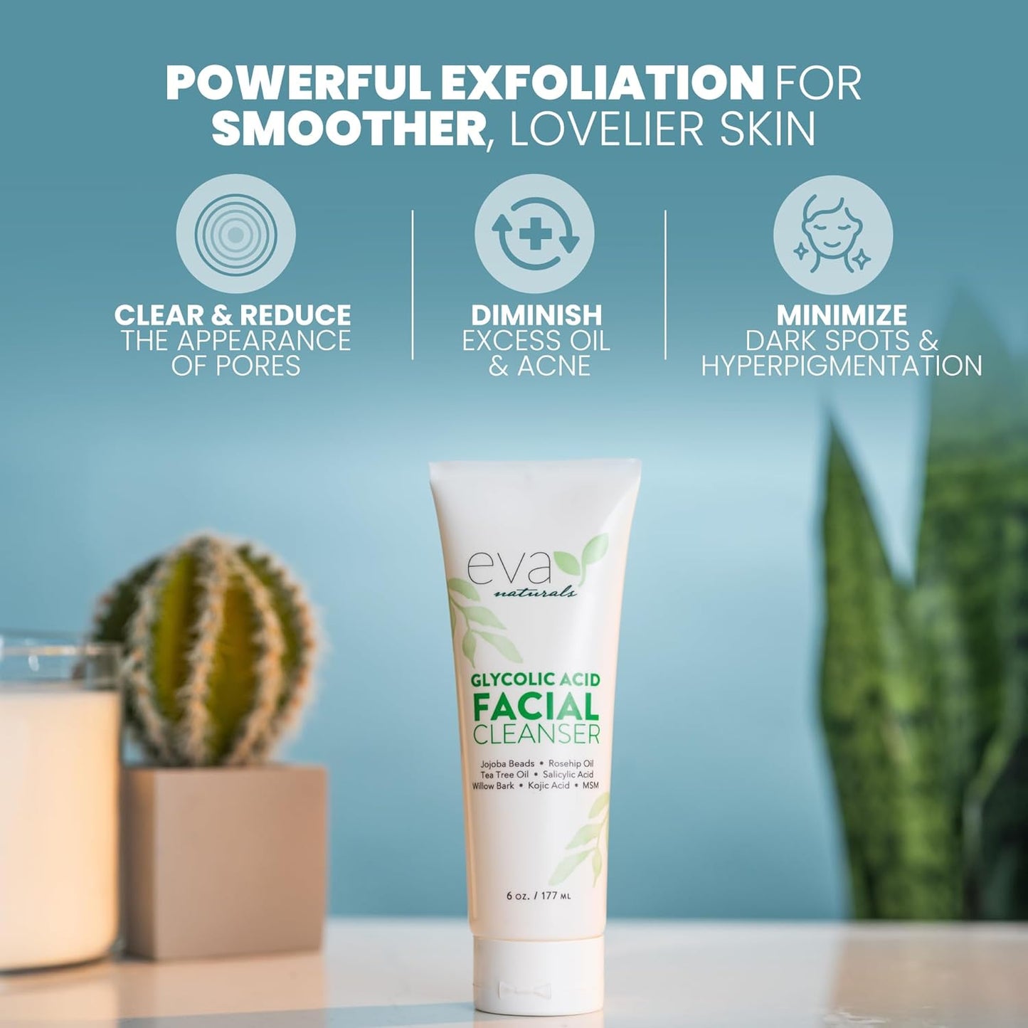 Eva Naturals Glycolic Acid Facial Cleanser – Exfoliating Face Wash with Salicylic Acid, Tea Tree & Vitamin E for Acne, Blackheads, Dark Spots, Wrinkles & Smooth, Clear, Radiant Skin Care - 6 Fl Oz