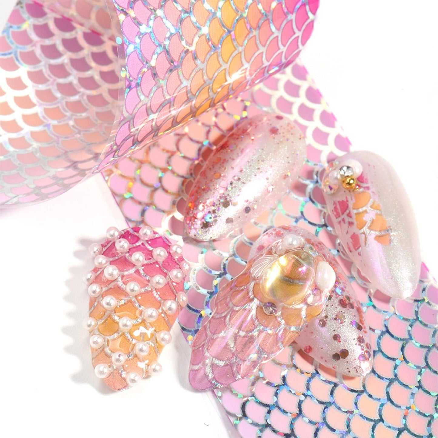 Mermaid Nail Transfers Foil Stickers, Holographic Iridescent Laser Mermaid Nail Art Stickers Decals Fish Scales Pattern Decoration for Women Girls Acrylic Nail Decor Supplies(10 Sheets)