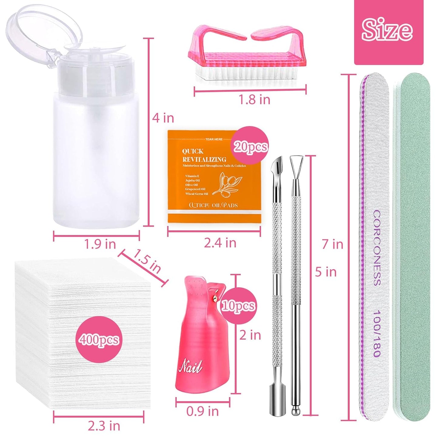 Gel Nail Polish Remover Tools Kit with 10PCS Nail Clips,100ML Nail Polish Remover Bottle,Nail File, Buffer Block,Cuticle Pusher/Peeler,Lint Free Wipes,Nail Brush,Nail Care Cuticle Pads