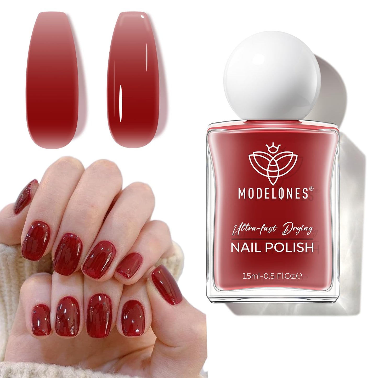 modelones Jelly Red Nail Polish, Sheer Dark Red Clear Translucent Semi-Transparent 15 ml Quick Dry Nail Lacquer Strengthener Long Last Finger Toe Nail Art DIY Manicure Gift for Women Girls 0.5 Fl Oz