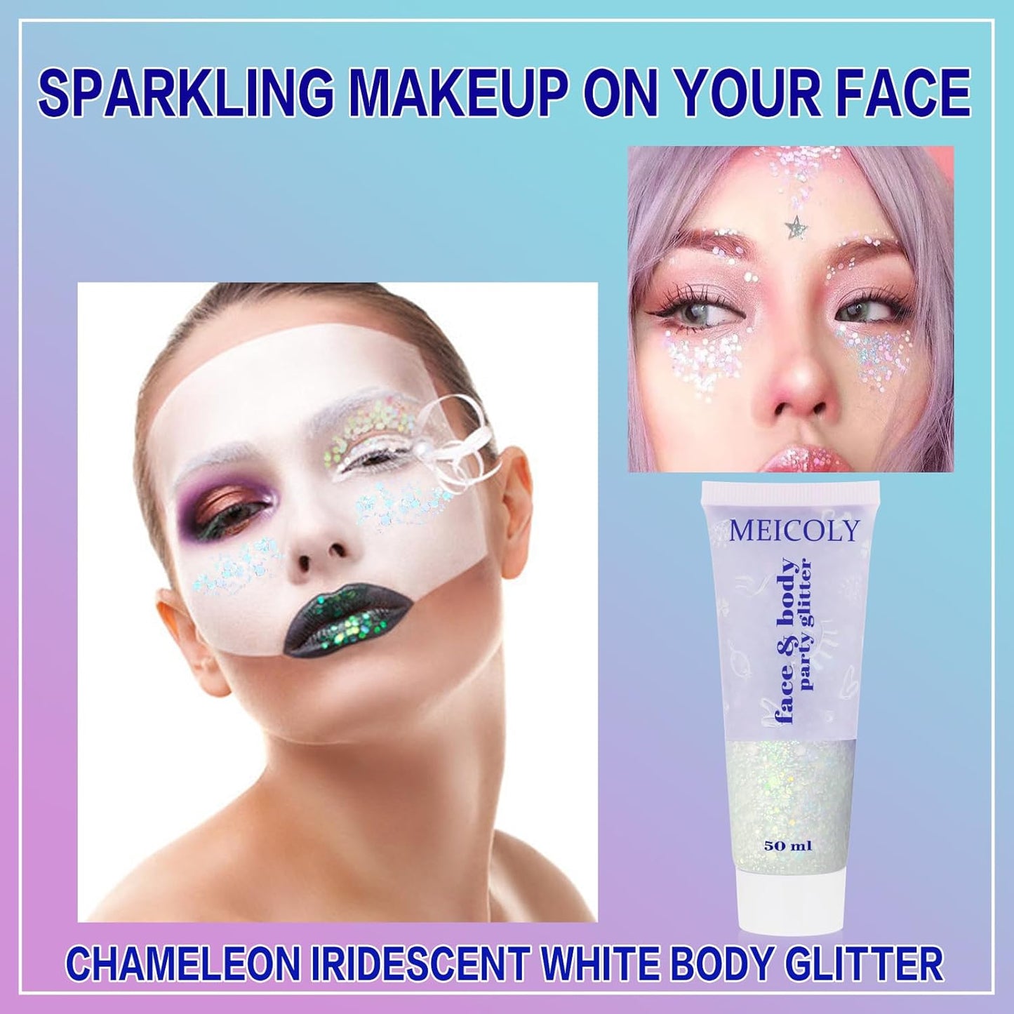 MEICOLY Chameleon Iridescent White Body Glitter,Chunky Face Glitter Paint Ice Themed Aerial Performance,Color Changing Mermaid Face Glitter,Opal Glitter for Face Body Hair,Festival Party Cheer Makeup