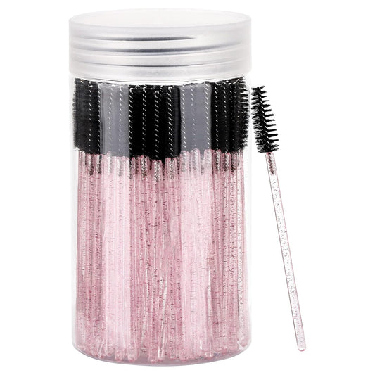 100 Pcs Disposable Mascara Wands, Crystal Eyebrow Spoolies Brush for Eyelash Extensions, Lash Brushes with Container (Black, Pink)