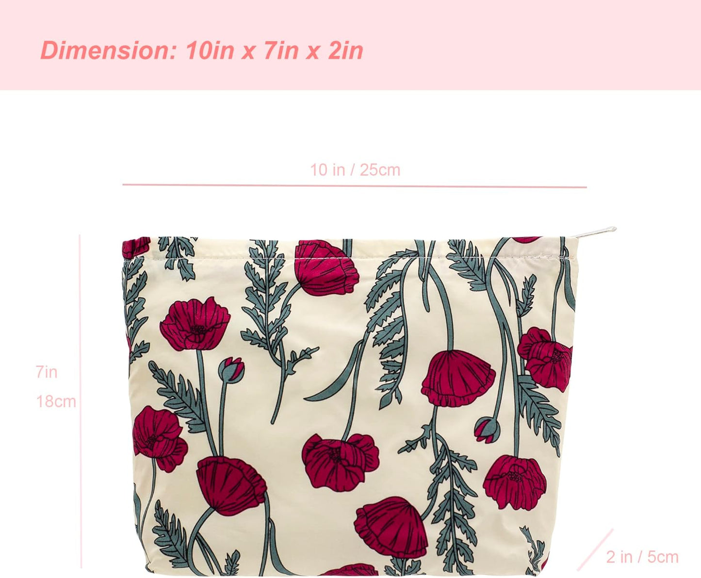 PAZIMIIK Floral Makeup Bag Large Cotton Zipper Pouch for Purse Travel Canvas Make Up Organizer for Women Cosmetic,Poppy Beige