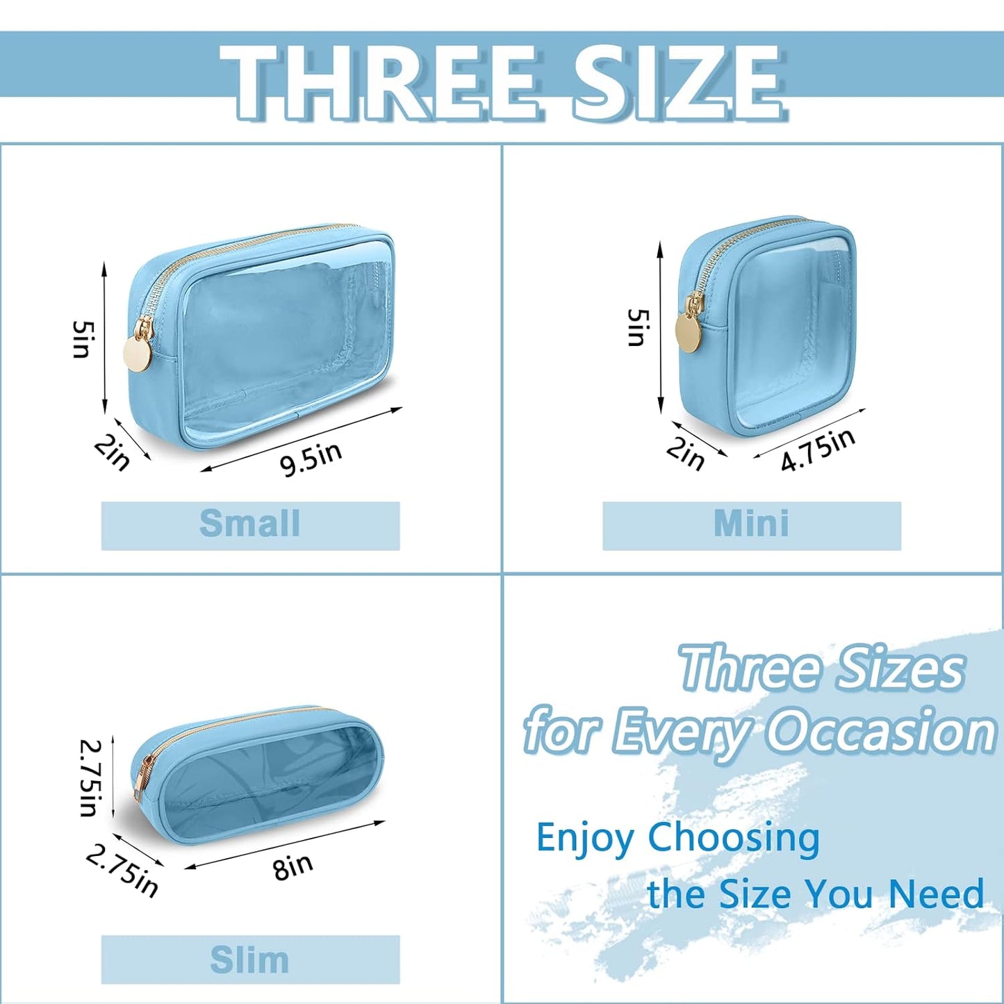 Clear Small Makeup Bag with Zipper, Nylon&PVC Cosmetic Travel Bag Preppy TSA Approved Toiletry Bag for Women Girls, Transparent Waterproof Makeup Pouches Cute Travel Bag for Purse(Small-Blue)