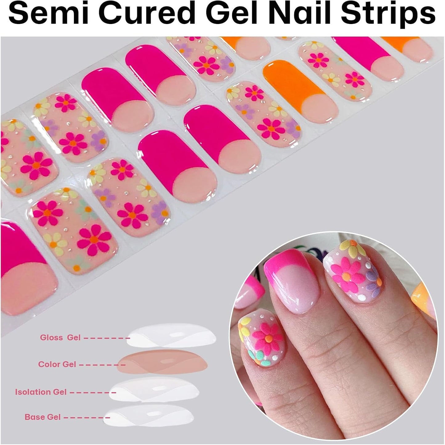 Semi Cured Gel Nail Strips French Tip Nail Stickers with Flower Designs Cute Glossy Gel Stickers Salon Quality & Easy to Use Need UV/LED Light for Women 20 Pcs