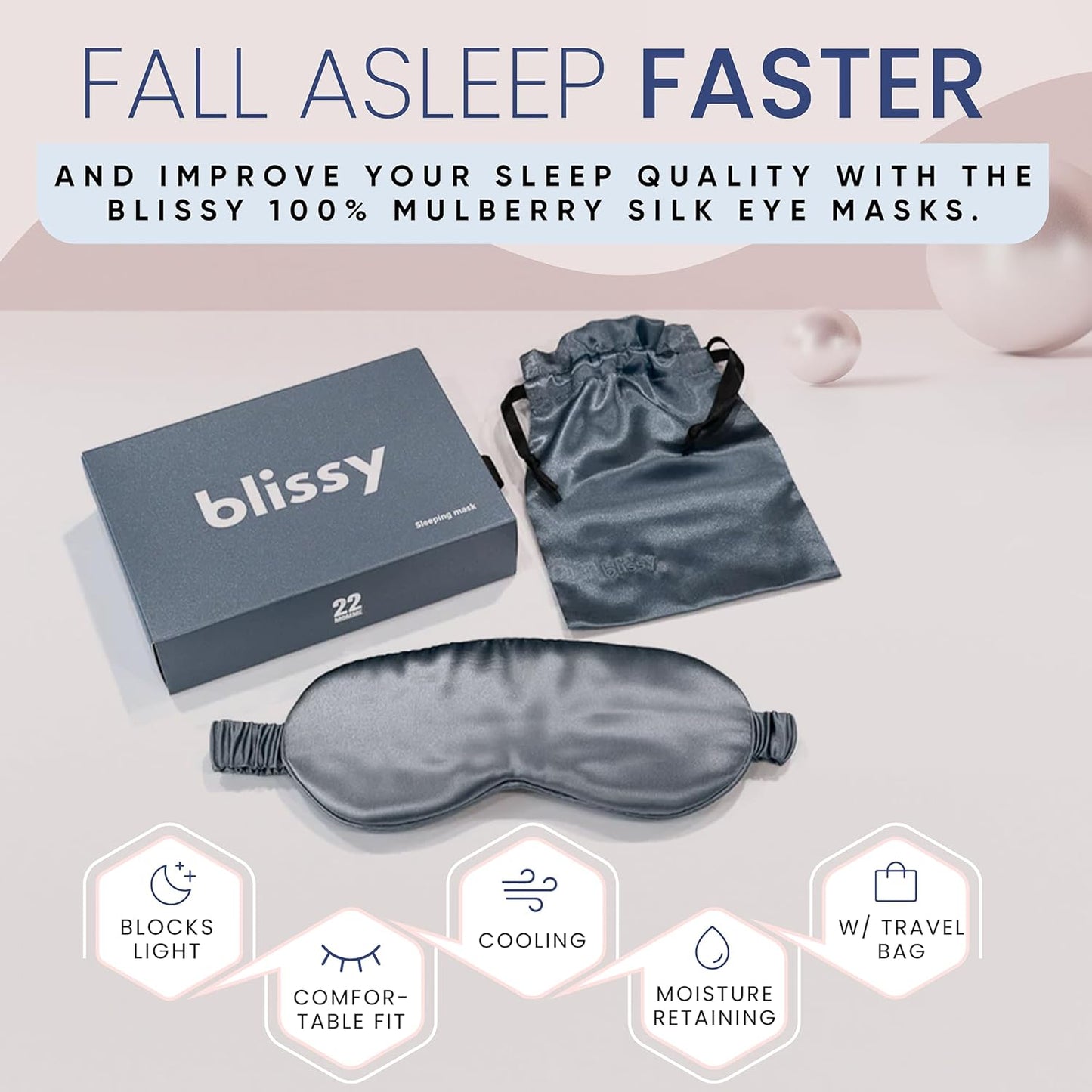 Blissy Silk Sleep Mask - Silk Eye Sleeping Mask for Women & Men for Total Blackout - 100% Pure Mulberry Silk, 22 Momme 6a Fibers - Blindfold Silk Sleep Mask Side Sleeper Eye Cover (Ash Blue)