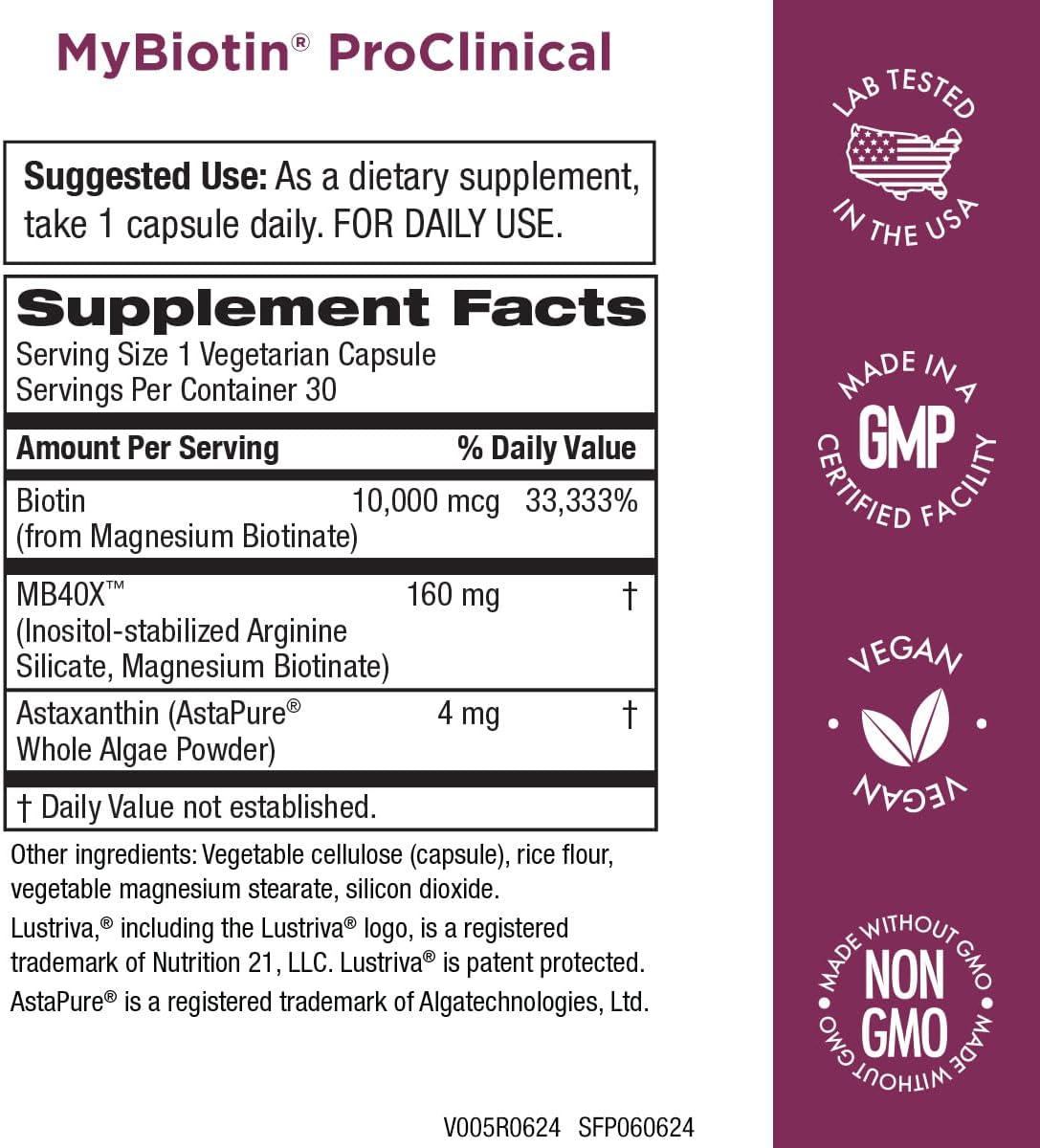 Purity Products MyBiotin ProClinical – Thicker Hair Starting in 3 Weeks & Fights Wrinkles - MB40X Patented Biotin Matrix w/Astaxanthin - 40X More Soluble vs Ordinary Biotin 90 Count