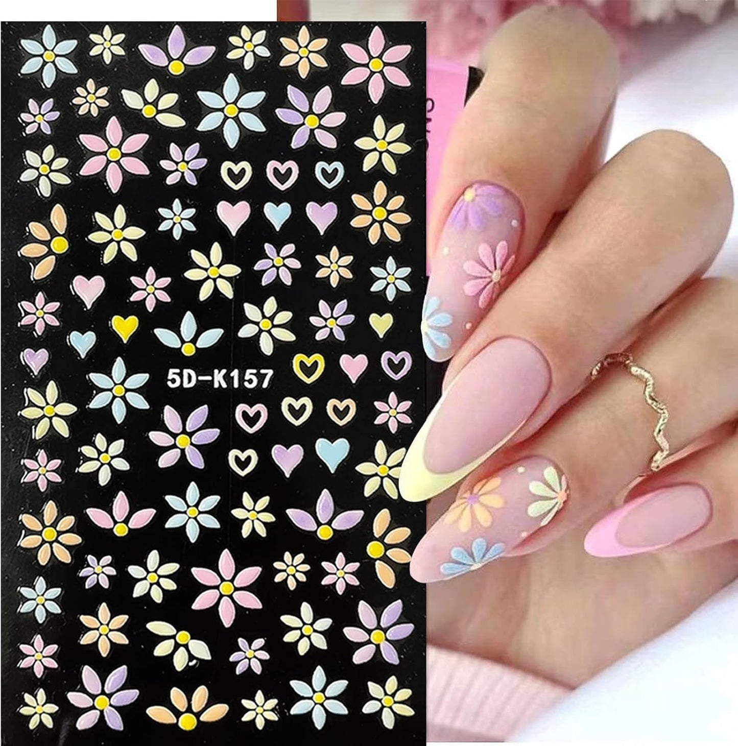 Flower Nail Art Stickers Decals 5D Embossed Nail Decals Spring Summer Nails Design Self-Adhesive Supplies Accessories 3D Flower for Women Nails DIY Decoration(6 Sheets)