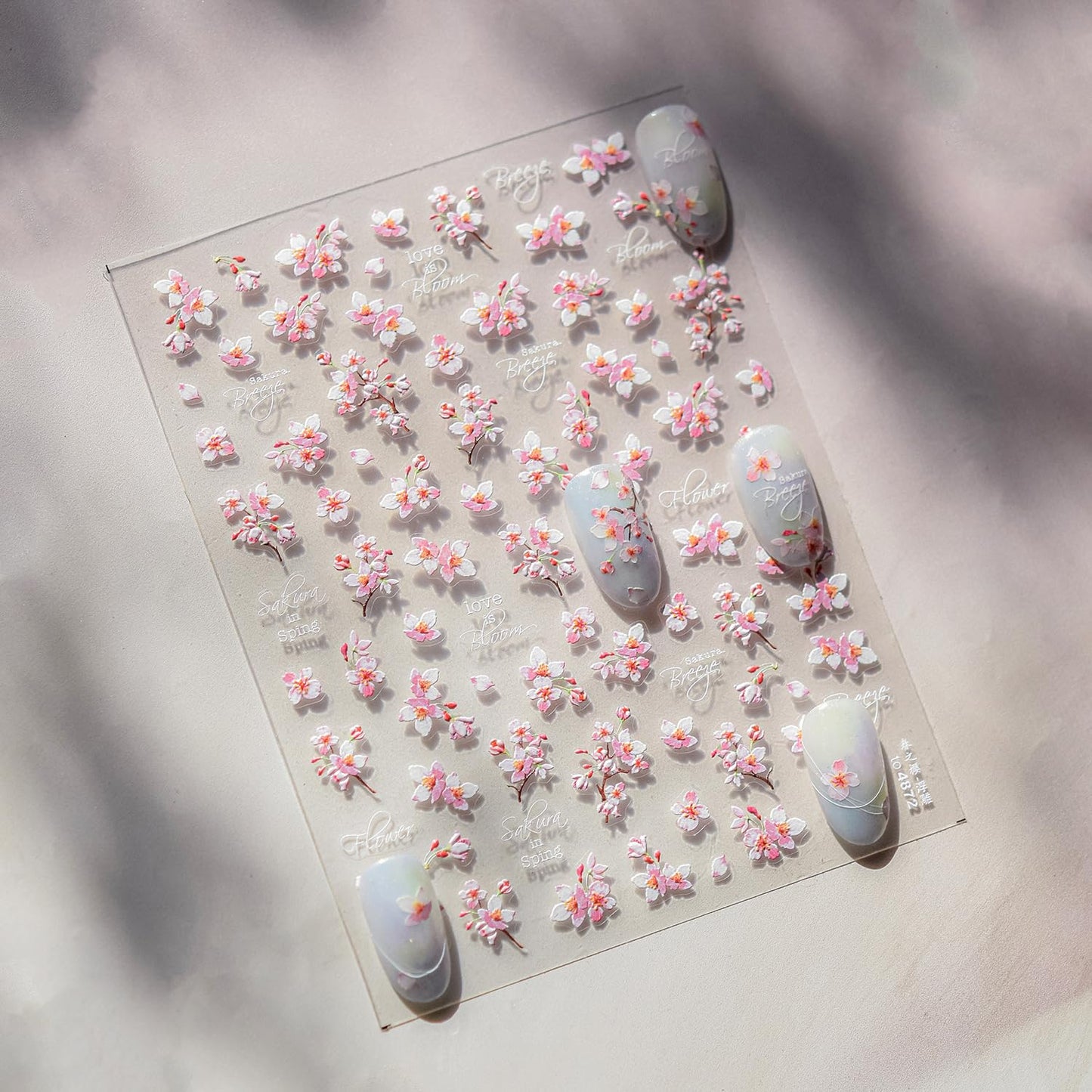 Cherry Blossoms Nail Art Stickers Pink White Flowers Nail Decals for Acrylic Nails 5D Embossed Self-Adhesive Flower Designs Nail Sticker Spring Summer Cute Floral Nail Decal for Women DIY Nail Decor