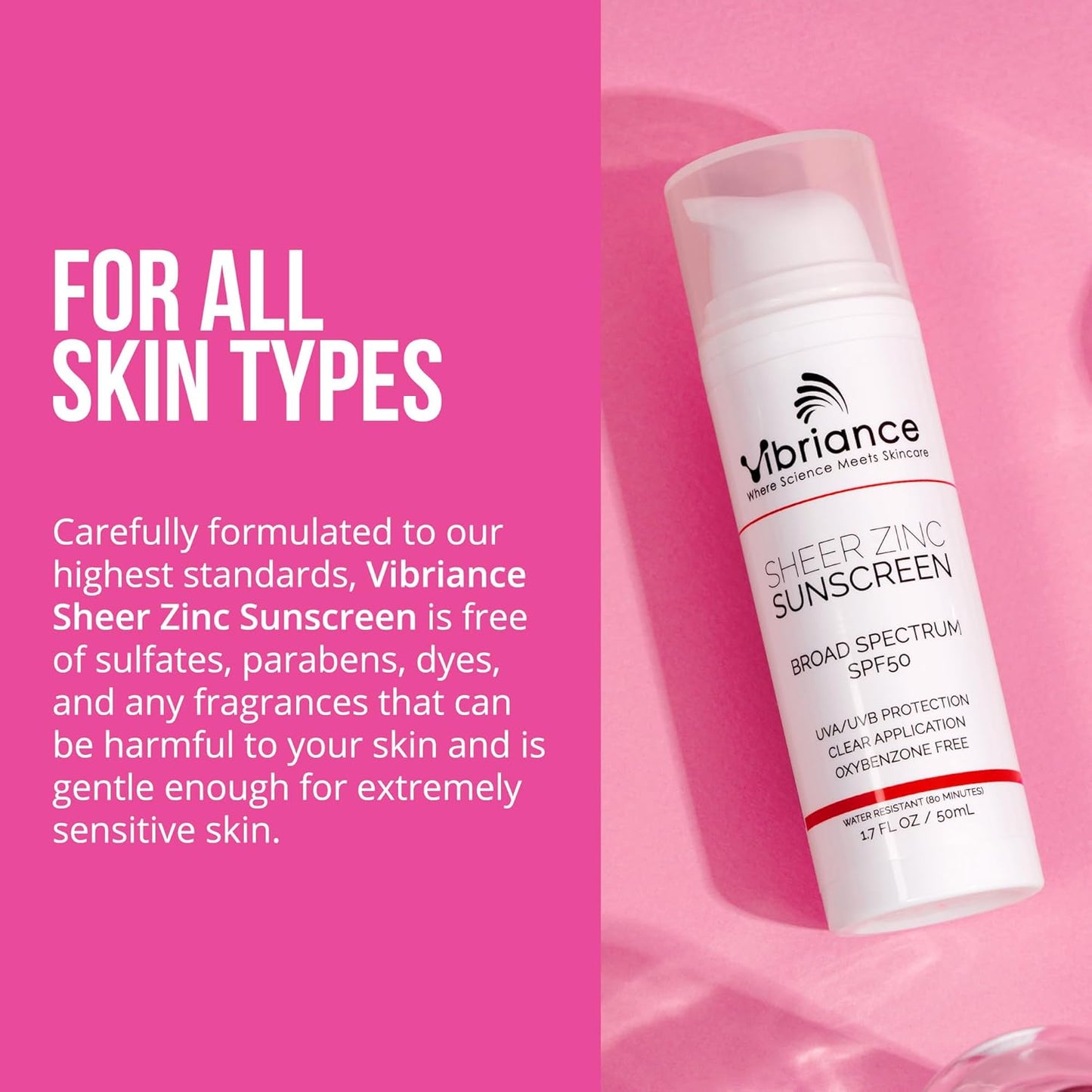 Vibriance Sheer Zinc Sunscreen - Tinted Sunscreen for Face SPF 50, Lightweight Facial Moisturizer with Niacinamide, Hyaluronic Acid - 1.7 fl oz