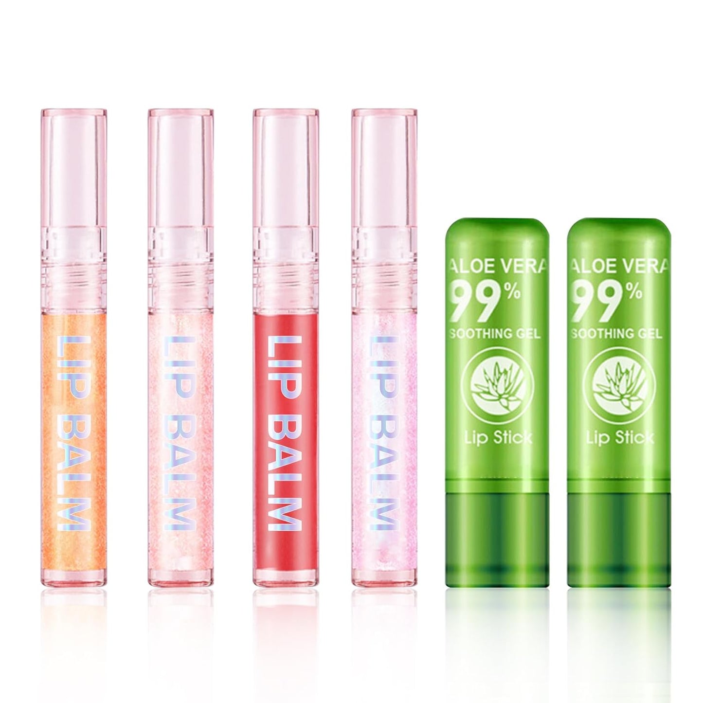 4 Pcs Shiny Lip Gloss Set,Non-sticky Long Lasting Moisturizing Lip Glow Oil Makeup Set with 2 Aloe Vera Color Changing Lipsticks for Women,Tinted Lip Balm & Lip Plumping Lip Gloss Set