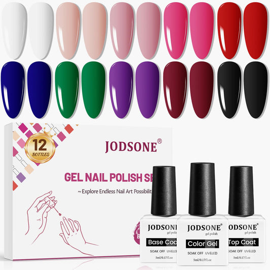 JODSONE 12 Bottles Gel Nail Polish Set Base Coat Glossy Top Coat Fast Drying Long Lasting Soak Off Wipe Free