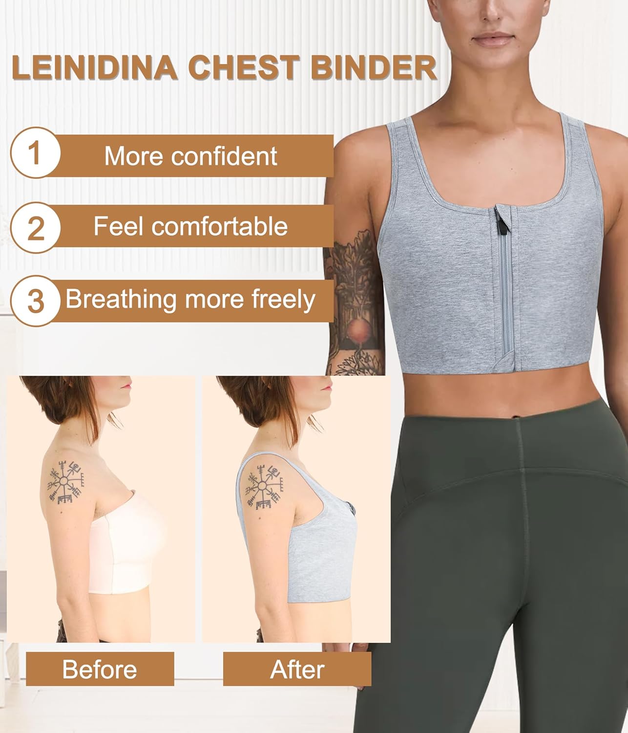 LEINIDINA Chest Binder Tomboy Transgender FTM Square Collar with Front Zipper Binder Bra Tank Top