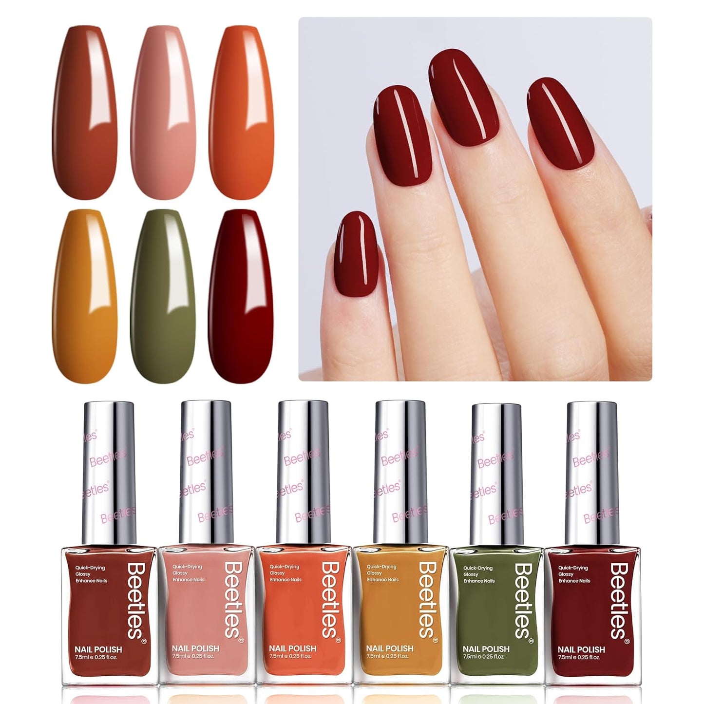 Beetles Fall Nail Polish Set P180, 6 Color Red Yellow Green Quick Air Dry Nail Polish, Natural Nail Lacquer Manicure DIY Nail Art Salon Gift For Women