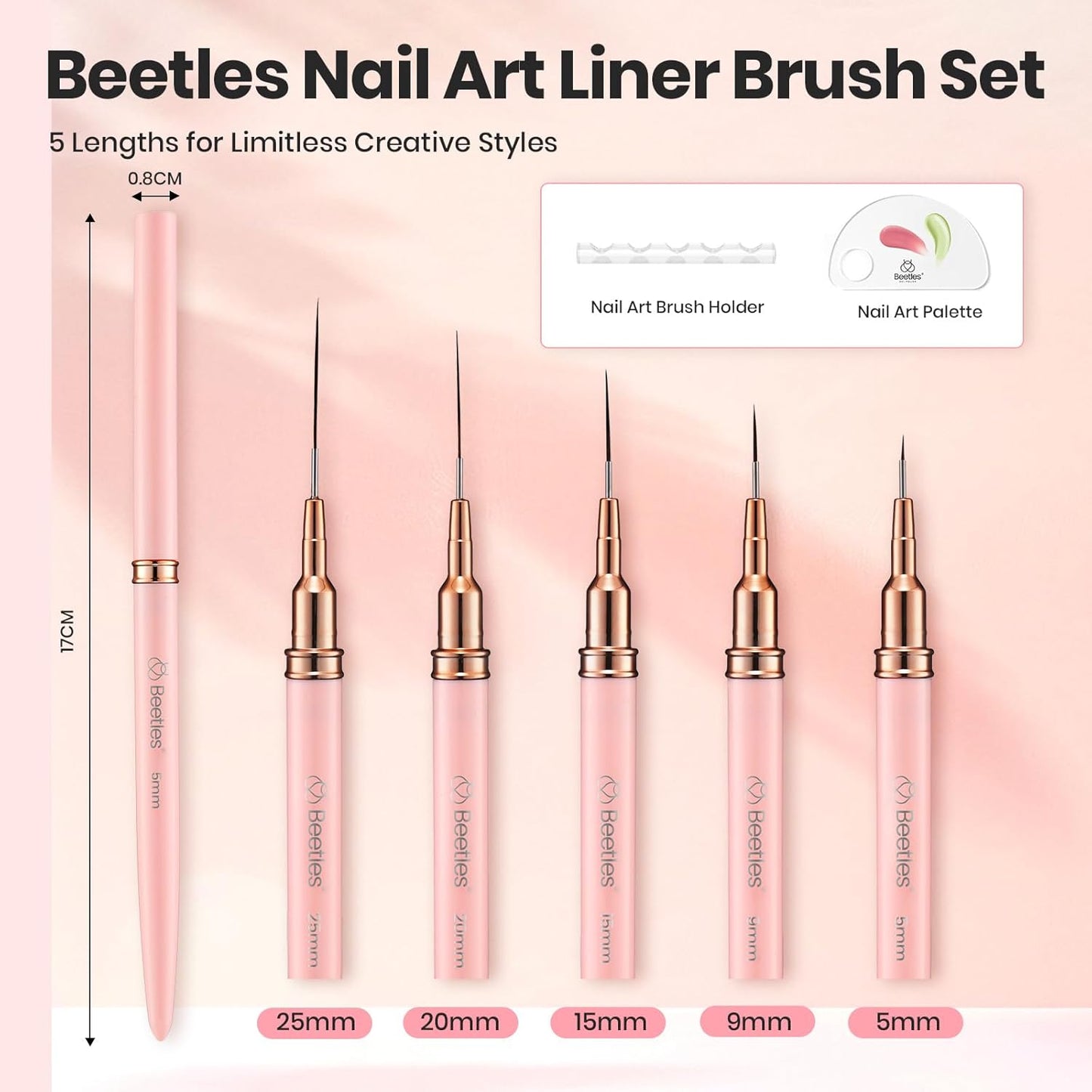 Beetles Gel Polish Nail Art Pens, 5pcs Nail Art Brushes Liner Brushes for Nails Pink Liner Sizes 5/9/15/20/25mm with Palette Holder Painting Manicure Design Tools for Long Lines, Details, Fine Drawing