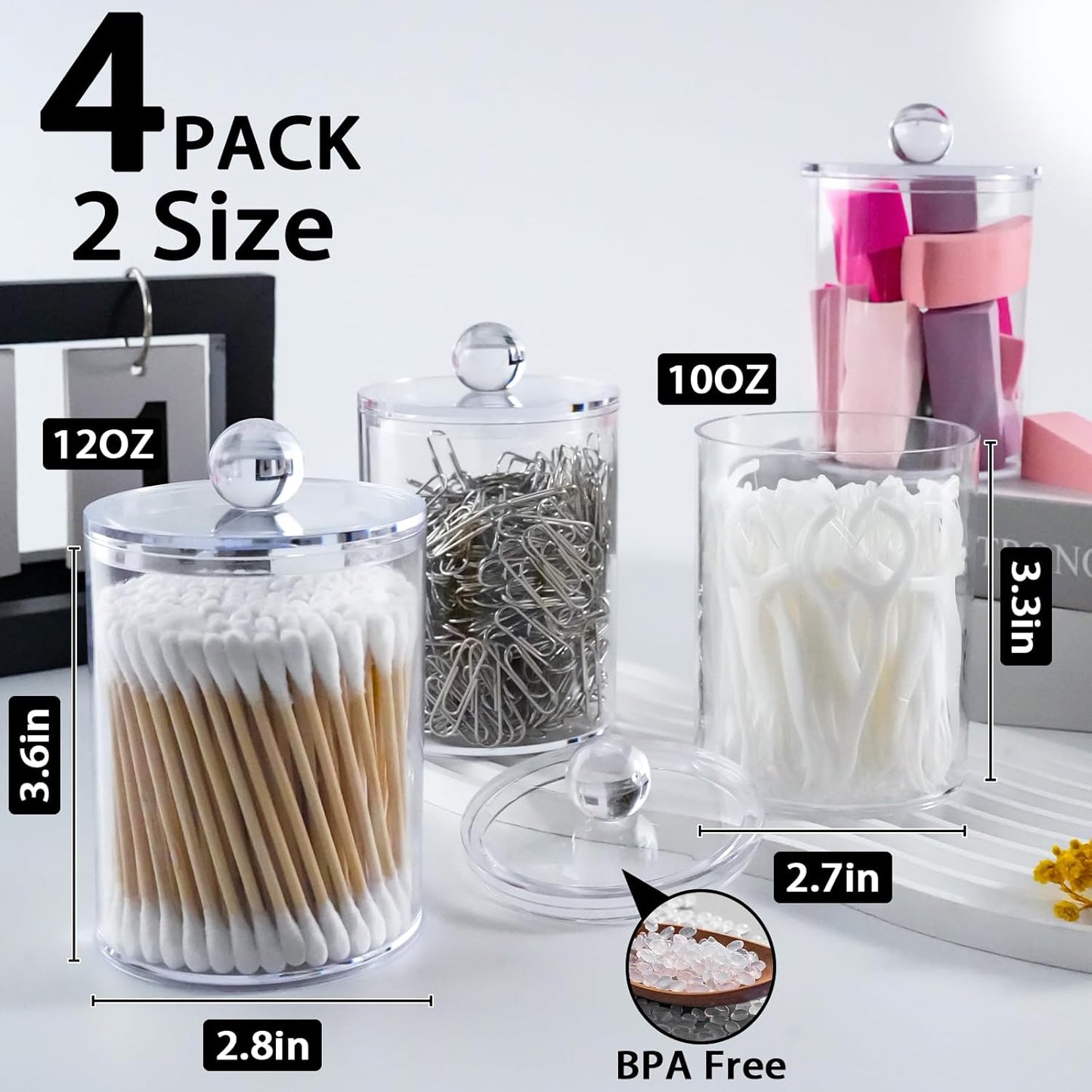 4 Pack Qtip Holder,Canister Apothecary Jar Set, Bathroom Jars with Lids Set for Cotton Swabs, Balls, Pads, Floss Picks,10oz-12oz Plastic Canisters Restroom Bedroom Vanity Organizer