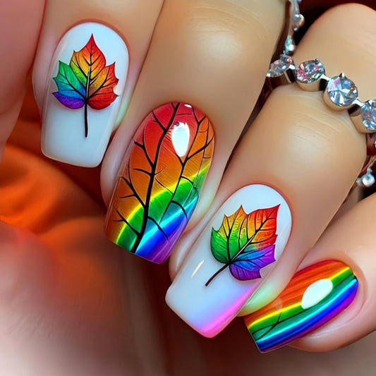 Rainbow Maple Leaf Press on Nails Fall Medium Square Fake Nails Glossy Thanksgiving Acrylic Glue on Nail Autumn Maple Leaves Artificial Stick on Nail for Women DIY Manicure