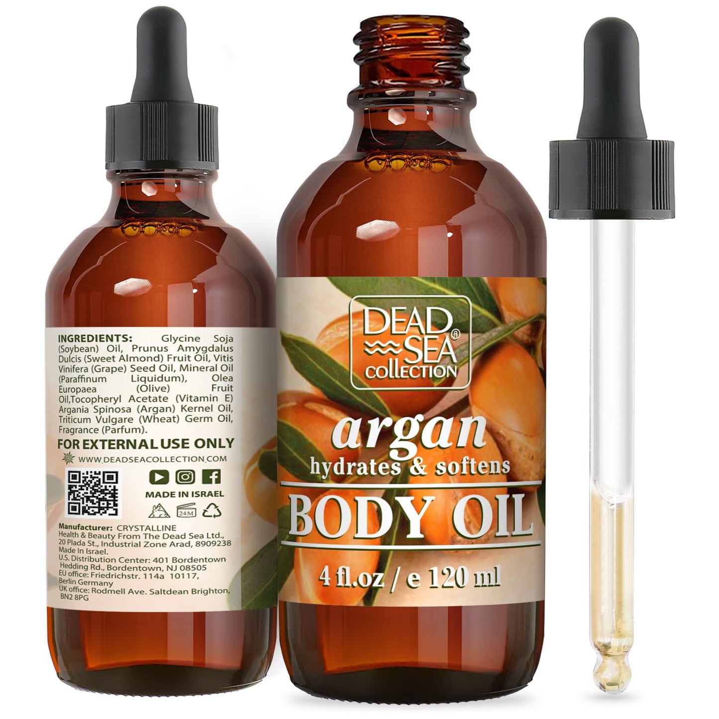 Dead Sea Collection Body Oil with Argan - Dry Skin Moisturizer and Hydrating Massage - Nourishing Bath Oil - Increase Skin Elasticity and Provide Anti-Aging Support for Face and Body (4 fl.oz)