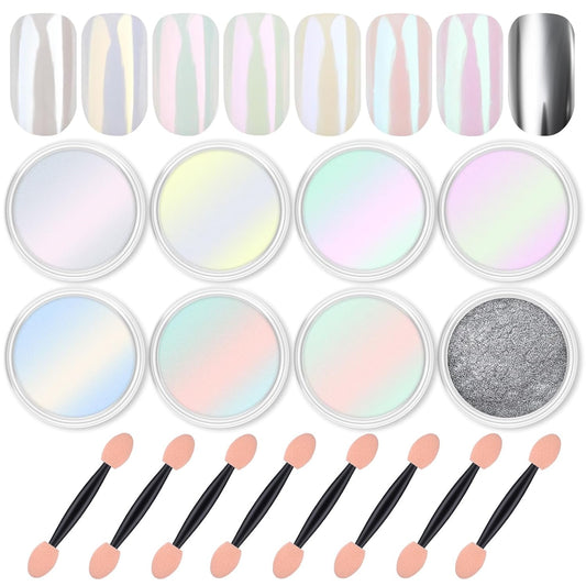 Artdone 8 Jars Chrome Nail Powder Magic White Pearl Kit Mirror Effect Silver Metallic Holographic Dip Nail Powder Decoration Iridescent Aurora Mermaid Pigment