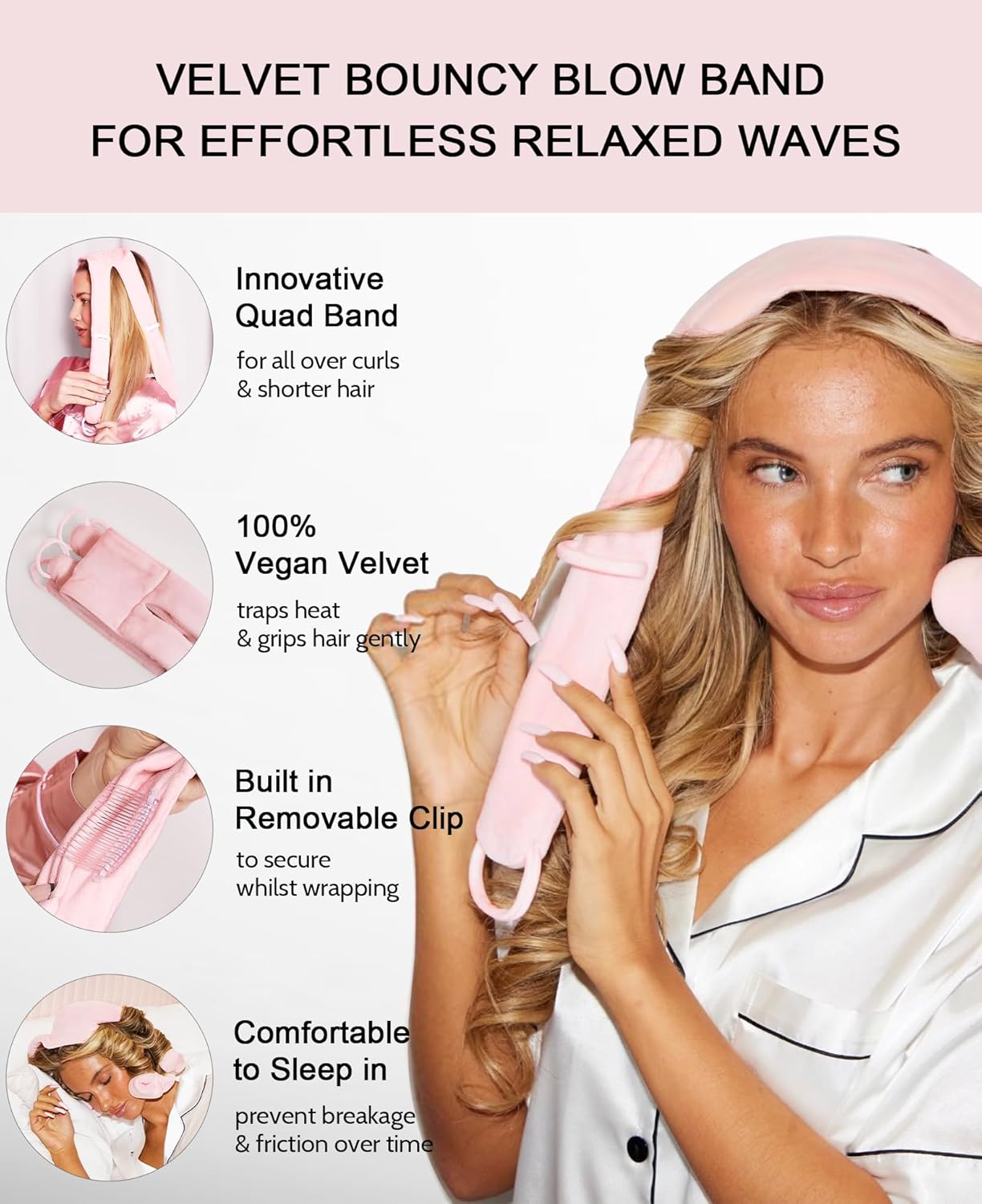 Heatless Hair Curler Curls Overnight Rods No Heat Hair Curlers to Sleep in, Soft Heatless Curling Ribbon Set with Clip Hair Rollers for Blowout Look Long Short Hair, Blush Pink
