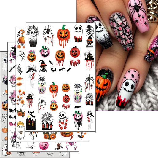 Halloween Nails Stickers Horrible Pumpkins Nails Sticker 3D Embossed Horrible Ghost Self Adhesive Sticker Nail Decals Web Bat Nail Art Decal Halloween Decals for Nail DIY Manicure 4Sheet