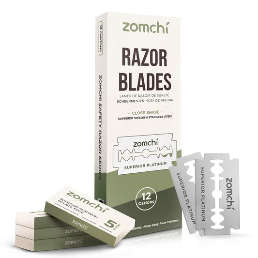 Zomchi Double Edge Razor Blades, 60 Counts Safety Razor Blades for Shaving, Platinum Stainless Steel Shaving Blades for Men and Women, Fits All Standard Double Edge Razors