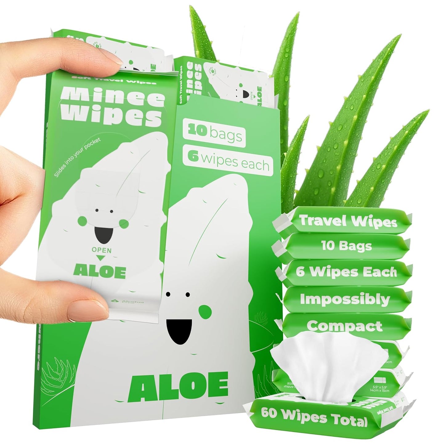 Impossibly Compact Travel Wipes with Fragrance - Skin-Friendly, Hypoallergenic & Scented Wet Wipes for Adults, Kids & Baby Care (60 Wipes Total, Aloe Vera)
