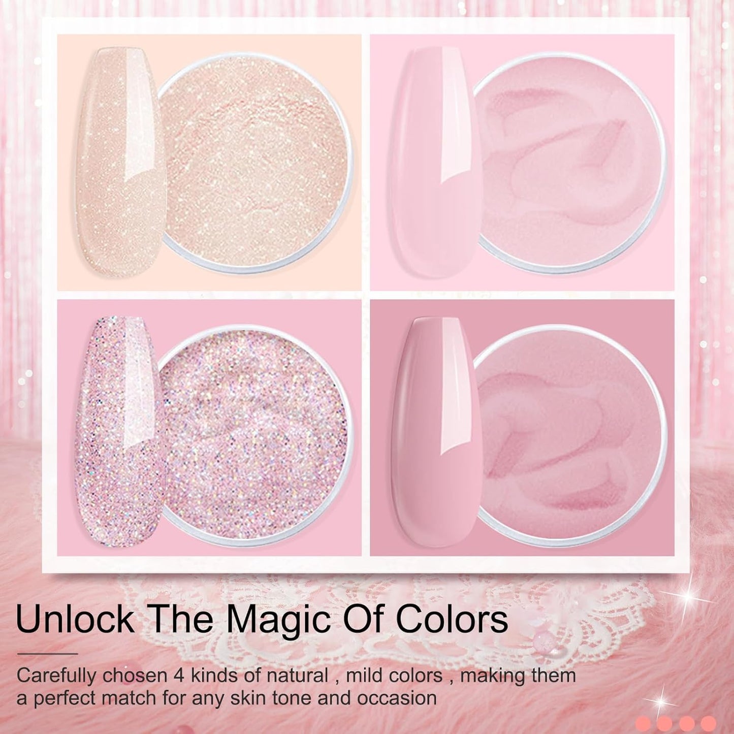 Honey Joy Dip Powder Nail Kit Starter, 4 Colors Pink Glitter Fine Dipping Powder Nude Color Kit with Base Top Coat Activator for Nail Art Manicure Salon DIY No LED Nail Lamp Needed, Dip-7pcs-No.17