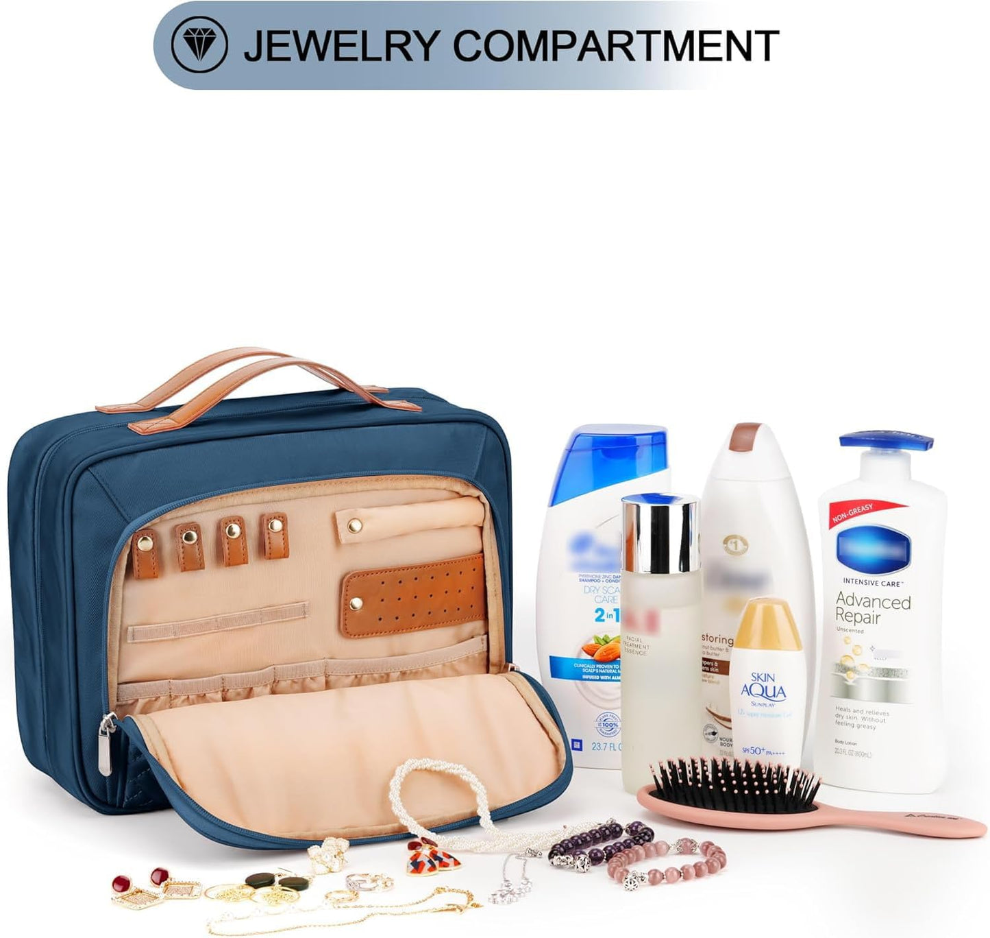 Travel Hanging Toiletry Bag for Women, Extra Large Makeup Bag, Holds Full-Size Shampoo, with Jewelry Organizer Compartment, Waterproof Cosmetic Bag, Toiletries Kit Set with Trolley Belt, Navy Blue