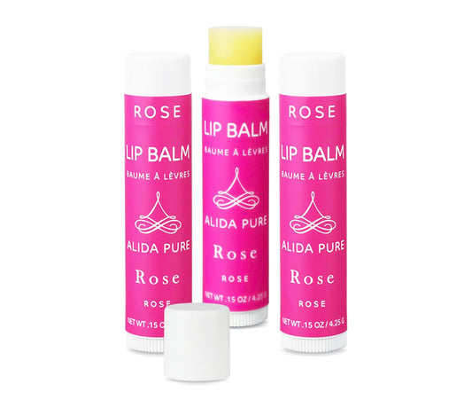 Rose Lip Balm Collection, Vegan Set, Beeswax Free, with Organic Jojoba and Avocado Oil, Vitamin E, Natural Moisturizer for Dry, Chapped Lips, 3 Tube Set