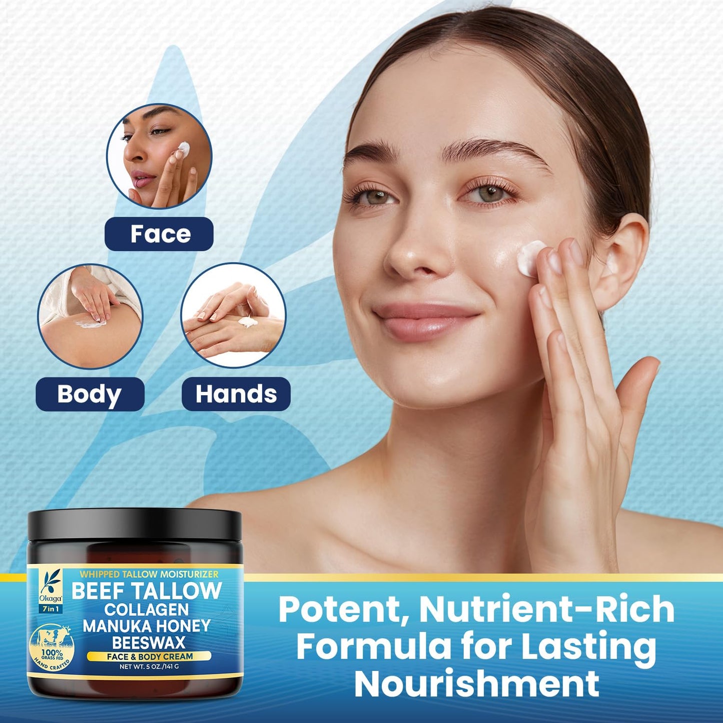 Organic Beef Tallow for Skin, Organic Grass-Fed Beef Tallow Balm with Manuka Honey, Aloe Vera, Jojoba Oil, Collagen & Beeswax, Olive Oil, Moisturizer for Dry Skin, Nourishes Face, Body & Lips (2 Pack)