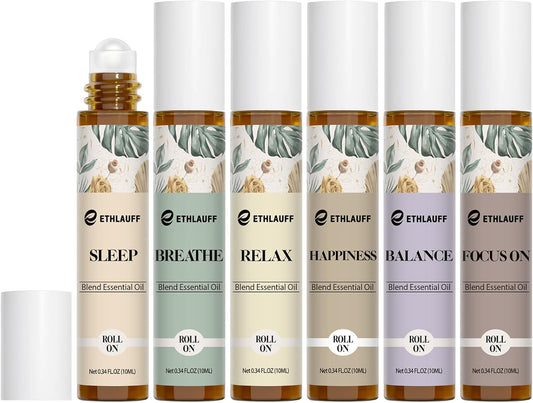 Essential Oils Roll On Set 6 Pack - (Relax, Sleep, Balance,Breathe, Focus on, Happiness) Aromatherapy Oil with Roller Ball, Essential Oils Blends for Skin - Relaxation Gift for Women and Men