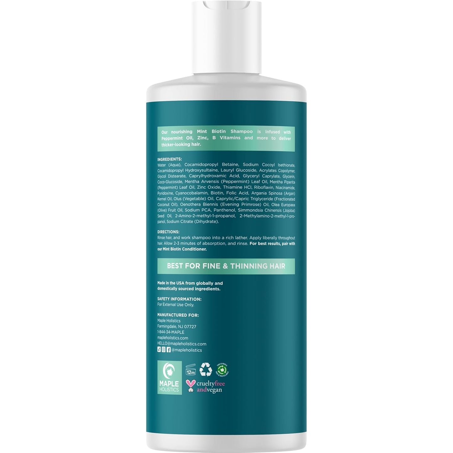 Volumizing Biotin Shampoo for Thinning Hair - Thin Hair Shampoo with Peppermint Argan and Essential Oils for Hair Care - Vegan Sulfate Free Shampoo for Damaged Dry Hair Paraben and Cruelty Free (Mint)